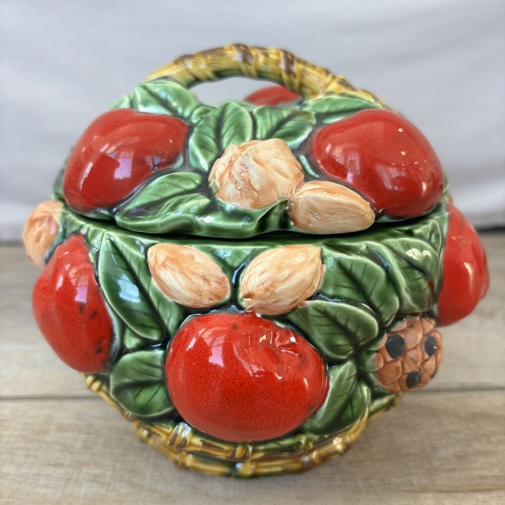 Vintage Inarco Japan Ceramic Fruit Nut Pinecones Leaves Basket Farmhouse Decor - Picture 2 of 11